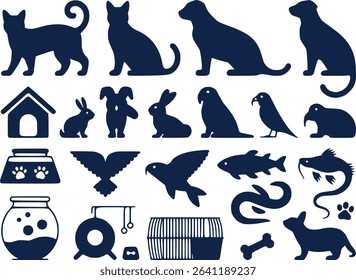 Pet Animal Silhouettes Icon Set  Cats Dogs Fish  Small Animals Vector