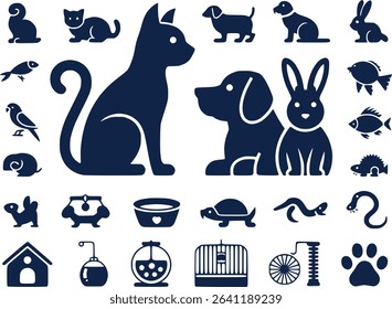 Pet Animal Silhouettes Icon Set  Cats Dogs Fish  Small Animals Vector