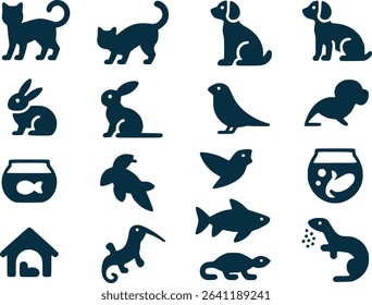Pet Animal Silhouettes Icon Set  Cats Dogs Fish  Small Animals Vector