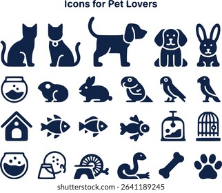 Pet Animal Silhouettes Icon Set  Cats Dogs Fish  Small Animals Vector