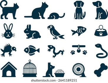 Pet Animal Silhouettes Icon Set  Cats Dogs Fish  Small Animals Vector