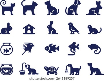 Pet Animal Silhouettes Icon Set  Cats Dogs Fish  Small Animals Vector