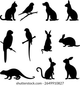 Pet Animal Silhouettes Set 12 Vector Icons of Domesticated Pets