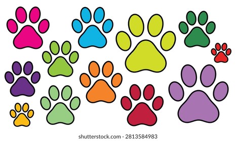 Pet animal theme decorative elements set, vibrant colorful shapes, paw prints, tracks, footsteps, feline, canine, and walking