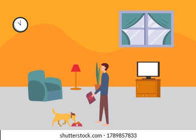 Concepto vectorial de alimentación de perros: hombre alimentando su sangre en la sala de estar
