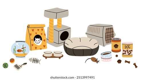 Acessórios para animais de estimação. Casa de cães e gatos. Jaula e cama. Arcos de comida. Produtos veterinários, brinquedos. Equipamento veterinário loja. Coisas caninas e felinas. Aquário de peixes. Vetor de limpeza conjunto plano de desenhos animados