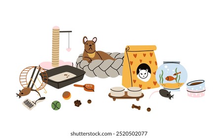 Pet animals accessories. Dog and cat house. Cage and bed. Food bows. Veterinary goods, toys. Veterinarian shop equipment. Canine and feline stuff. Fish aquarium. Grooming vector cartoon flat set