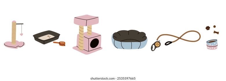 Accesorios para animales de compañía. Casa de perros y gatos. Jaula y cama. Arcos de comida. Artículos veterinarios, juguetes. Equipo de tienda veterinaria. Cosas caninas y felinas. Acuario de peces. Conjunto plano de dibujos animados de Vector de aseo