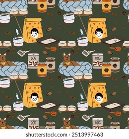 Pet animals accessories seamless pattern. Dog and cat house. Cage and bed. Food bows, toys. Veterinarian shop. Canine and feline. Textile wrapping, wallpaper. Print for fabric. Vector cartoon flat set