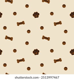 Pet animals accessories seamless pattern. Dog and cat house. Cage and bed. Food bows, toys. Veterinarian shop. Canine and feline. Textile wrapping, wallpaper. Print for fabric. Vector cartoon flat set