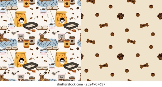 Pet animals accessories seamless pattern. Dog and cat house. Cage and bed. Food bows, toys. Veterinarian shop. Canine and feline. Textile wrapping, wallpaper. Print for fabric. Vector cartoon flat set