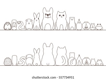 pet animals border set, front view and rear view, line art