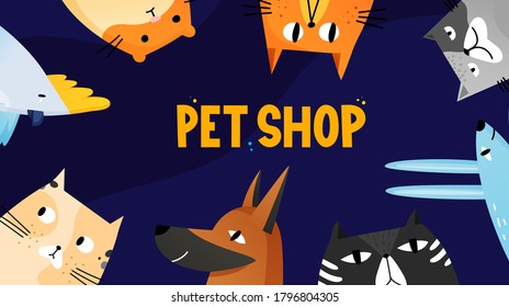 Pet animals cats dog parrot and text label. Vector background template. Ad poster design for pet shop, clinic or else.