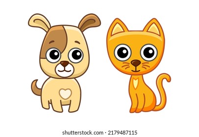 Pet animals for children book. Vector illustration of funny dog and cat in a cartoon style