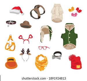 Pet Animals Clothes And Accessories Set. Dog Garments Collection. Warm Jacket, Sweater, Trapper Cap, Hat, Harness, Leather Collar Cartoon Vector Illustration