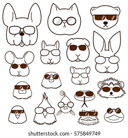 pet animals faces with glasses set