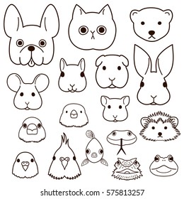 pet animals faces line art set