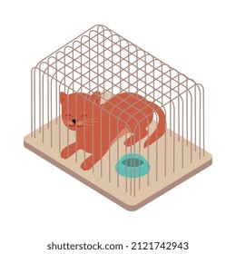 Composición isométrica de animales de compañía con visión aislada del gatito dentro de la ilustración del vector de jaulas