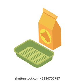 Pet animals isometric composition with isolated view of litter tray with pack of litter vector illustration