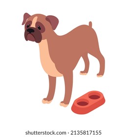 Pet animals isometric composition with isolated image of bulldog with dishes vector illustration
