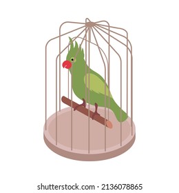 Pet animals isometric composition with isolated image of parrot sitting inside cage vector illustration