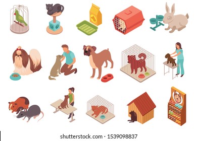 Pet animals isometric icons rodents parrot rabbit cats and dogs of different breeds isolated vector illustration