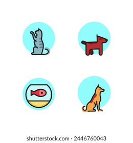 Pet animals line icon set. Puppy, kitten, cat, fish in aquarium. Animal care concept. Can be used for topics like veterinary, training, pet animal.