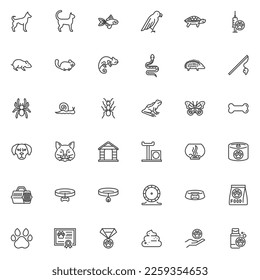 Juego de iconos de línea de animales mascotas. La mascota suministra la colección de símbolos de estilo lineal, el paquete de signos de contorno. Gráficos vectoriales de animales domésticos. El juego incluye íconos como gato, perro, loro, comida enlatada, tazón de pescado, huella de pata