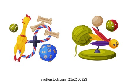 Pet animals stuff. Cat and dog toys and accessories set cartoon vector illustration