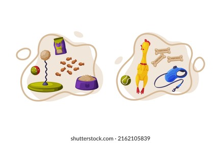 Pet animals stuff. Cat and dog food, toys and accessories set cartoon vector illustration
