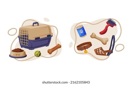 Pet animals stuff. Cat and dog supplies and accessories set cartoon vector illustration