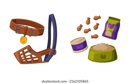 Pet animals stuff. Cat and dog food and accessories set cartoon vector illustration
