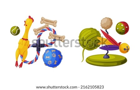 Pet animals stuff. Cat and dog toys and accessories set cartoon vector illustration