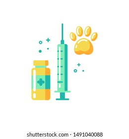 Pet animals vaccination icon in flat style. Cat and dog vaccine injection symbol with syringe, vial and paw for web, mobile, sites, apps.