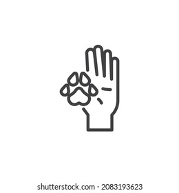Pet animals volunteer line icon. linear style sign for mobile concept and web design. Hand with animal paw outline vector icon. Symbol, logo illustration. Vector graphics