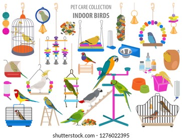 Pet appliance icon set flat style isolated on white. Birds care collection. Create own infographic about parrot, parakeet, canary. Vector illustration