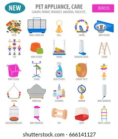 Pet appliance icon set flat style isolated on white. Birds care collection. Create own infographic about parrot, canary, thrush, finch, starling, amadina, toucan, bunting. Vector illustration