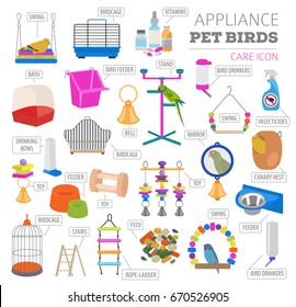 Pet appliance icon set flat style isolated on white. Birds care collection. Create own infographic about parrot, parakeet, canary, thrush, finch, amadina, siskin, bunting. Vector illustration