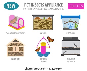 Pet appliance icon set flat style isolated on white. Insects care collection. Create own infographic about beetle, bug, butterfly, stick, mantis, spider, cricket etc. Vector illustration