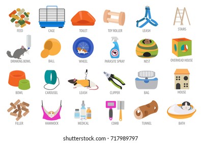 Pet appliance icon set flat style isolated on white. Rodents care collection. Create own infographic about guinea pig, rat, hamster, chinchilla, mouse, rabbit. Vector illustration