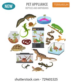 Pet appliance icon set flat style isolated on white. Reptiles and amphibians care collection. Create own infographic. Vector illustration