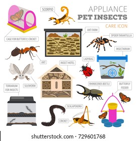 Pet appliance icon set flat style isolated on white. Insects care collection. Create own infographic about beetle, bug, butterfly, stick, mantis, spider, cricket etc. Vector illustration
