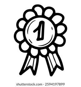 Pet award for first place. Hand drawn doodle. Prize ribbon of animal at cat and dog show. Vector line art illustration.