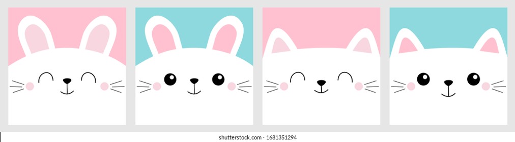 Pet Baby Print For Notebook Cover, Greeting Card. White Cat Rabbit Bunny Head Face Square Icon Set Line. Cute Cartoon Kawaii Funny Character. Valentines Day. Flat Design. Blue Pink Background. Vector