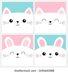 Pet baby print for notebook cover, greeting card. White cat rabbit bunny head face square icon set. Cute cartoon kawaii funny character. Happy Valentines Day. Flat design. Blue pink background. Vector