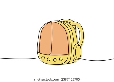 Mochila de mascota portadora de un dibujo continuo de una línea de color. Accesorios para animales, juguete para mascotas proporciona una ilustración continua de una línea.