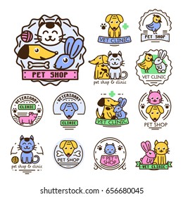 Pet badge vector graphic sticker set domestic insignia cat dog veterinary animal sticker illustration