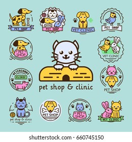 Pet badge vector graphic sticker set domestic insignia cat dog veterinary animal sticker illustration