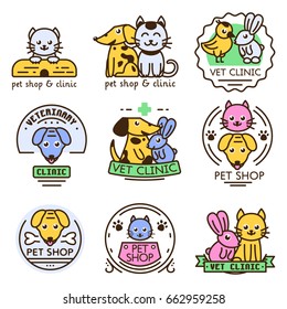 Pet badge vector graphic sticker set domestic insignia cat dog veterinary animal sticker illustration