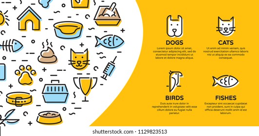 Pet banner template with vector graphic icon set. Card flyer poster illustration with your text for veterinary clinic, zoo, petfood. Flat style design with cat, dog, fish, bird and related signs